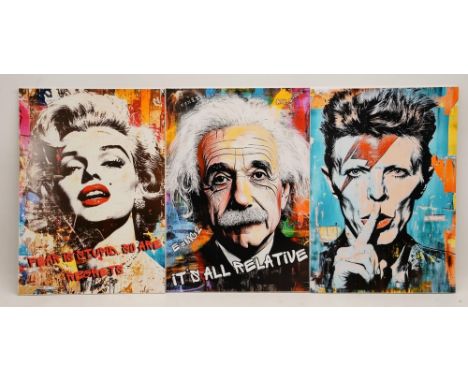 Pop Art prints, incl. Albert Einstein portrait, 30cm x 42cm; Marilyn Monroe portrait, 30cm x 42cm; David Bowie portrait, 30cm