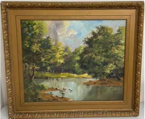 Lewis Creighton (British 1918-1996); Wooded river landscape, oil on board, signed, 45cm x 55cmShipping £58.00 plus vat (UK On