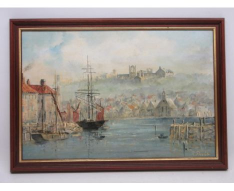Robert Sheader (British 20th century); Fishing and other sail boats in Whitby harbour, Abbey beyond, oil on board signed 35cm