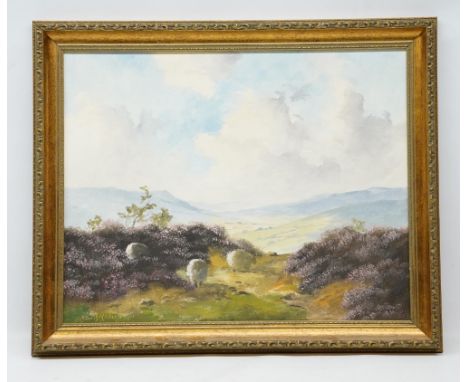 Lewis Creighton (British 1918-1996); Sheep in a moorland landscape, oil on board, signed, 39cm x 49cmShipping £58.00 plus vat