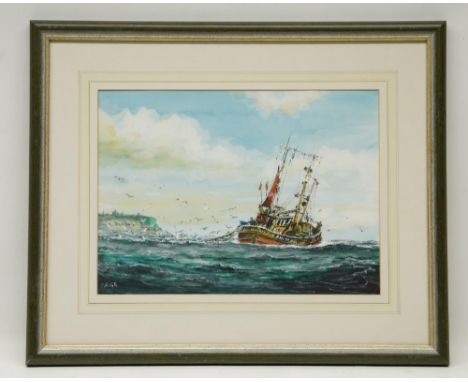 Jack Rigg (British 1927-2023); Scottish fishing boat off Scarborough, watercolour heightened with white, signed, 24cm x 34cmS