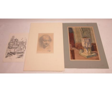 Jim Cott (British), 'Fountains Abbey' etching, 1969, signed, 25cm x 35cm; M Gerth, portrait in pencil, 1912, 25cm x 37cm, 42c