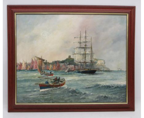 Robert Sheader (British 20th century); Fishing, other sail boats, row boat and paddle steamer off Scarborough, oil on board, 