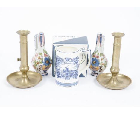 A miscellaneous collection of glass ceramics and metalware, including a pair of Wedgwood vases with relief hunting scenes, 12