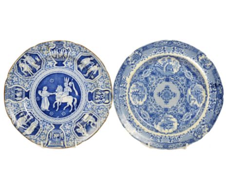 A pair of early 19th Century Spode plates, one printed with images and outlines from Greek, Roman and Etruscan vases, the oth