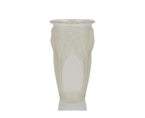 A René Lalique opalescent and frosted glass 'Ceylan' pattern vase, of tapering cylindrical form, moulded in relief with pairs