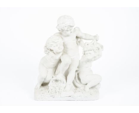 A plaster cast of three putti playing whilst overturning a basket of fruit, signed 'Lepere', af, 45 cm high