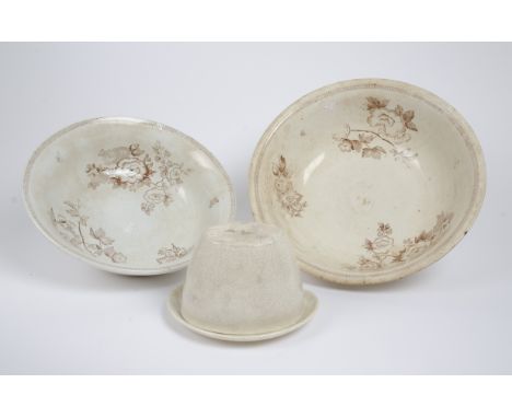 A collection of 1st period Belleek, comprising two large bowls, floral decoration in brown, 39 cm and 34 cm diameter; a kidne