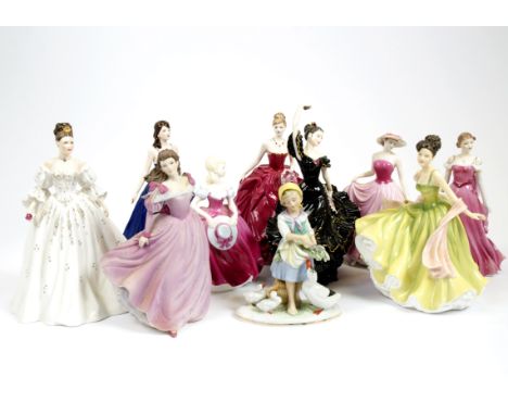 A collection of ceramic figurines, including Coalport 'Flamenco', 'Amanda', 'Perfect Rose', 'Grand Finale' and 'Summer Breeze