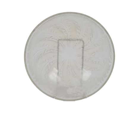 A Rene Lalique opalescent and frosted glass 'Chicoree' pattern bowl, circa 1930, the exterior moulded with radiating leaves, 