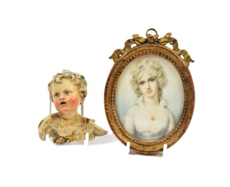 Late 18th Century English School miniature on ivory, 'Portrait of Hon. Mrs Bouverie', inscribed to backing, 6.9 cm x 5.4 cm, 