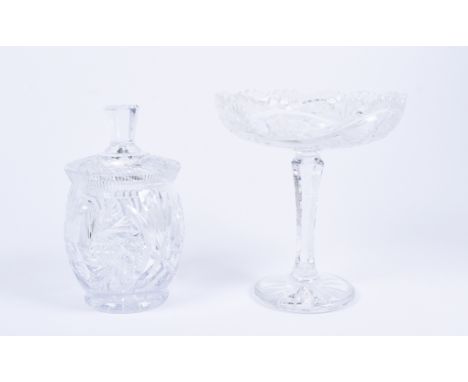 A cut glass comport, patterned bowl with lobed rim, faceted tapering stem, star cut circular base, 23 cm high; together with 