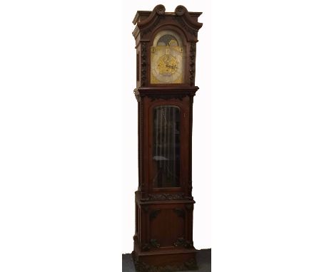 An Edwardian mahogany long case clock by S.Smith and Son, 6 Trafalgar Sq., London, arched brass dial with steel chapter ring 