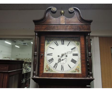 A late 18th/early 19th century mahogany longcase clock having brass finial swan neck pillar hood containing square painted fa