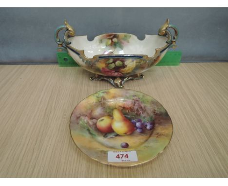 A Royal Worcester plate having painted fruit decoration, signed, a Royal Worcester dish of boat shape having rose decoration