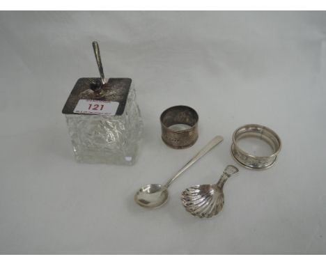 A cut glass preserve pot with HM silver lid and spoon, a Georgian silver caddy spoon having scalloped bowl, two HM silver nap