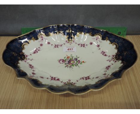 A Worcester dish of gilt heightened hand painted floral design in scale blue, first period style, with script W mark