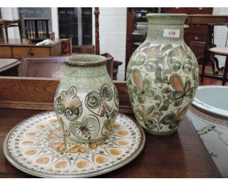 A Denby pottery vase by Glyn Colledge having stylised decoration, a Denby vase having stylised decoration and a Denby charger