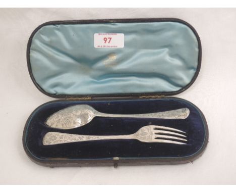A cased Christening set comprising fork & spoon, both having extensive engraved decoration, London 1809/14 William Eley & Fea
