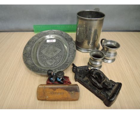 A selection of miscellaneous including white metal dish of engraved Oriental design, a pewter tanked for Derwent Water Boat R