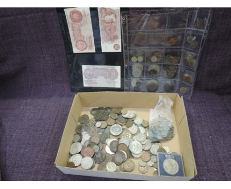 A box of GB coins including silver and three ten shilling banknotes including unc 1940 mauve K O Peppiatt banknote