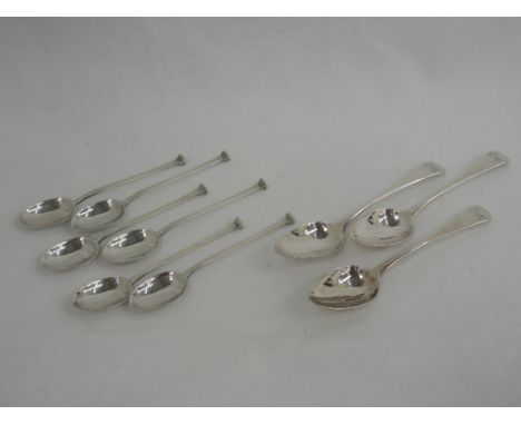 Six silver coffee spoons of plain form having architectural terminals, Sheffield 1916, Mappin & Webb, and three Georgian silv