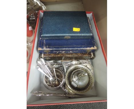 A selection of plated ware including cased and loose flatware, cream jug, pewter funnel, corkscrew etc