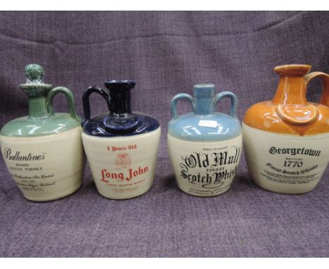 Four ceramic decanters of blended whisky, no capacity or strength on bottles, Georgetown, Ballantines, Old Mull and Long John