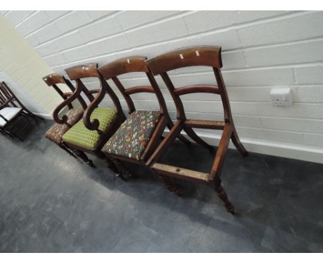 A set of four (3+1) 19th century Regency William IV transitional dining chairs having rail backs with later tapestry seats an