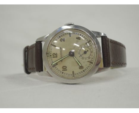 A gents vintage steel wrist watch by Jaeger LeCoultre, no: 49686, possibly military issue having Arabic and baton numeral dia