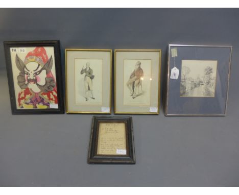 A job lot of picture to include two engravings, a Chinese portrait, a riverscape drawing and a wine recipe