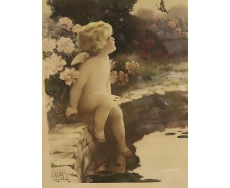 Bessie Pease Gutmann (American, 1876-1960) an early tinted sepia print, The Butterfly, 45 x 34 cm. Not available for in-house