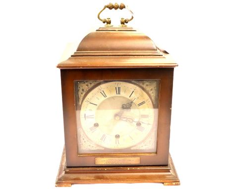 Large Smiths walnut cased Westminster chime mantel clock with pendulum and key, with John Sommers presentation plaque, H: 26 