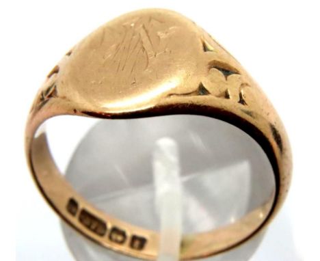 Victorian 9ct gold gents signet ring, cartouche engraved but light / rubbed, Birmingham assay 1893, size U, 5.6g. P&amp;P Gro