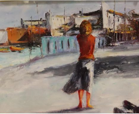 Unattributed gilt framed oil on board of a girl at a harbour side, 30 x 40 cm. P&amp;P Group 3 (£25+VAT for the first lot and