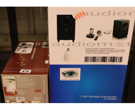Pair of stereo wireless light bulb speakers &amp; docking station with large subwoofer; wireless; Audio Motion; brand new, un