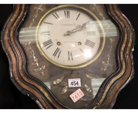 Ornate French mechanical wall clock with inlaid case, dial marked E Cavarec Fils a Landerneau with key and pendulum. Not avai