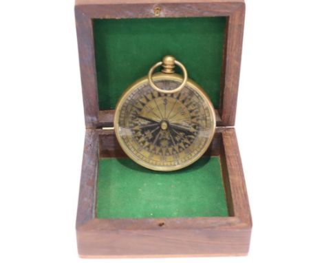 Hardwood boxed brass compass, stamped Made for Royal Navy London, 8 x 8 cm. P&amp;P Group 1 (£14+VAT for the first lot and £1