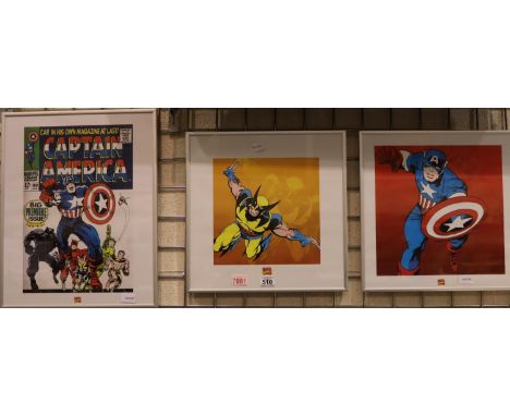 Three framed Captain America Marvel Comics prints, largest 30 x 45 cm. P&amp;P Group 3 (£25+VAT for the first lot and £5+VAT 