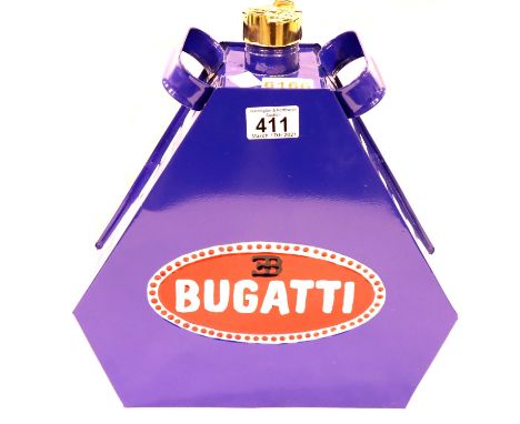 Blue Bugatti petrol can with brass top, H: 34 cm. P&amp;P Group 3 (£25+VAT for the first lot and £5+VAT for subsequent lots) 