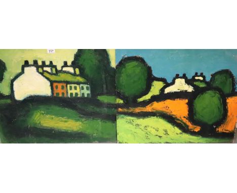 Attributed to B Andrews (Wigan), a pair of naive oils on board of buildings unsigned, allegedly a friend of Theodore Major, e