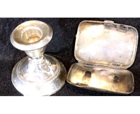 Hallmarked silver cigarette case, 40g, and a scrap silver stub candlestick, 35g. P&amp;P Group 1 (£14+VAT for the first lot a