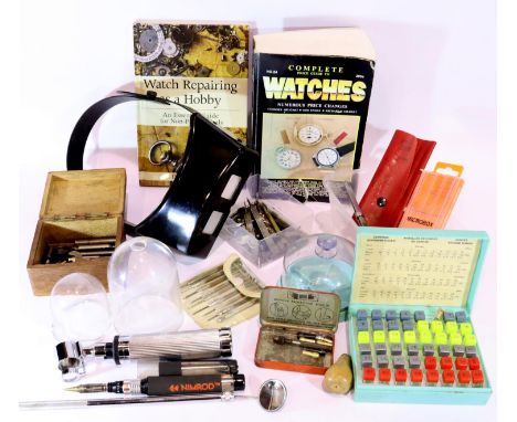 Box of watch repair tools and two books. P&amp;P Group 2 (£18+VAT for the first lot and £3+VAT for subsequent lots) 