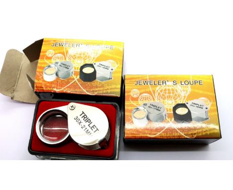 Two boxed new old stock 30x21 stainless steel jewellers loupes. P&amp;P Group 1 (£14+VAT for the first lot and £1+VAT for sub