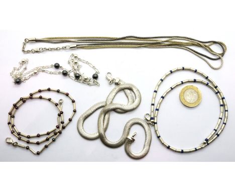 Six mixed silver necklaces, combined 71g. P&amp;P Group 1 (£14+VAT for the first lot and £1+VAT for subsequent lots) 