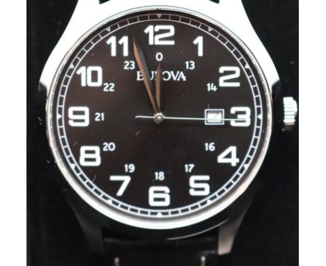 Gents Bulova black dial date wristwatch on leather strap, new and boxed. P&amp;P Group 1 (£14+VAT for the first lot and £1+VA