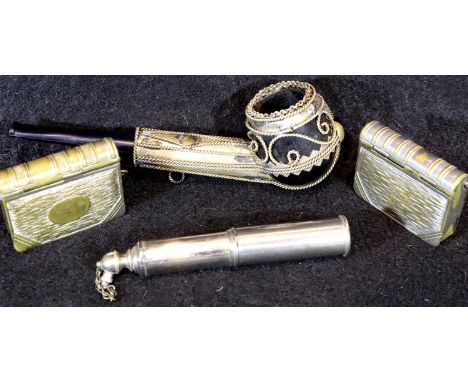 Two silver plated book form vesta cases, a cylindrical petrol lighter and a white metal bound pipe. P&amp;P Group 2 (£18+VAT 