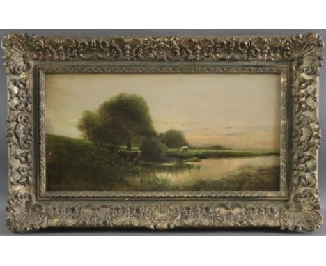 Mesterhazy, Kalaman (1857 Subotika - 1898 Budapest) - Grasende Kühe am Flussufer, Öl auf Leinwand, unten rechts schwer lesbar