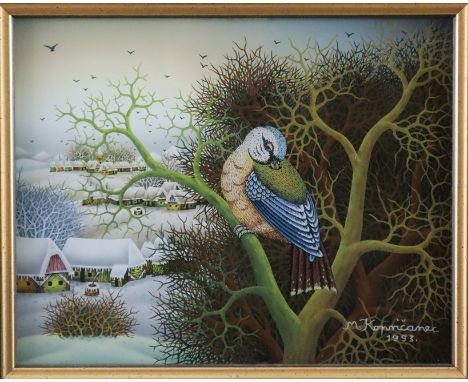 Kopričanec, Martin (1943) - Vogel auf Baumast vor einer winterlichen Dorflandschaft, 1993, Öl-Hinterglasmalerei, unten rechts