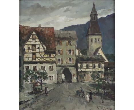 Unbekannte/r Künstler/in (20.Jh.) - Die Altstadt von Berching, Öl auf Leinwand, unten rechts undeutlich signiert, verso bezei